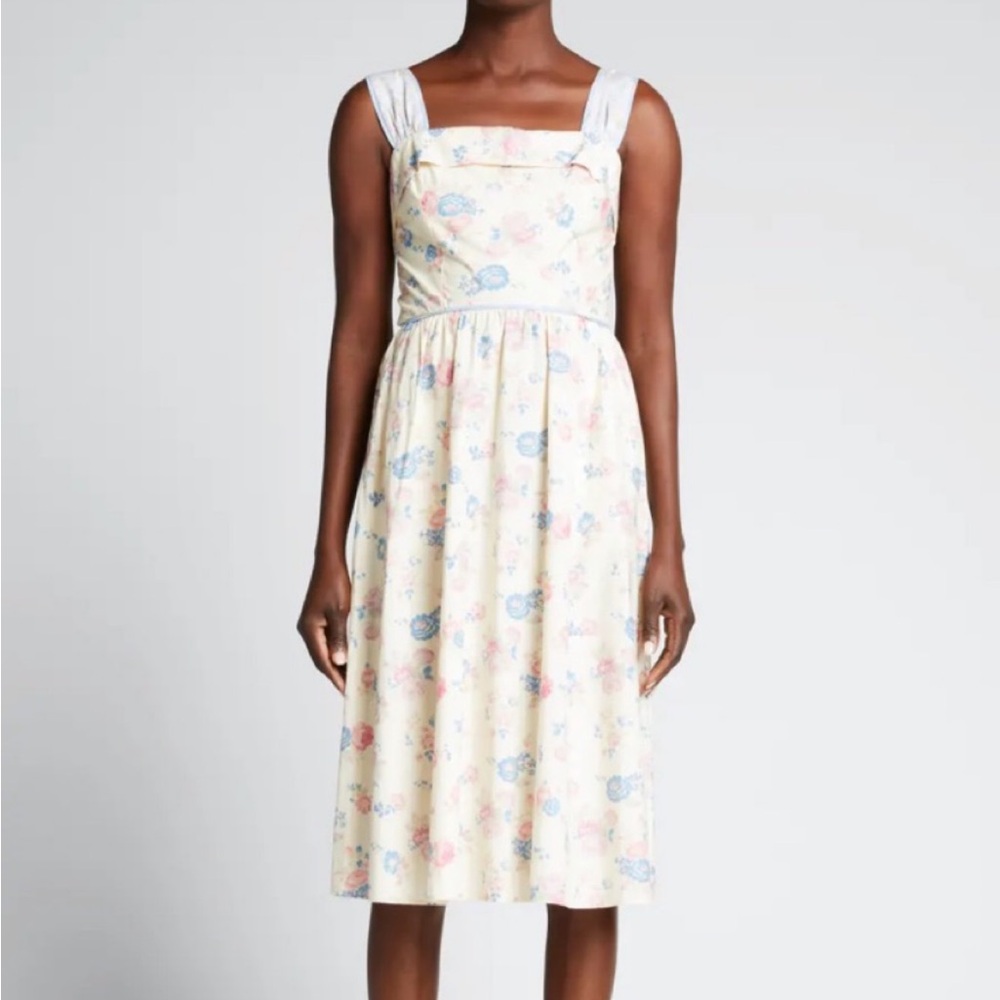LoveShackFancy Cream Floral Midi Dress Women Size 00 XXS Square Neck Sleeveless